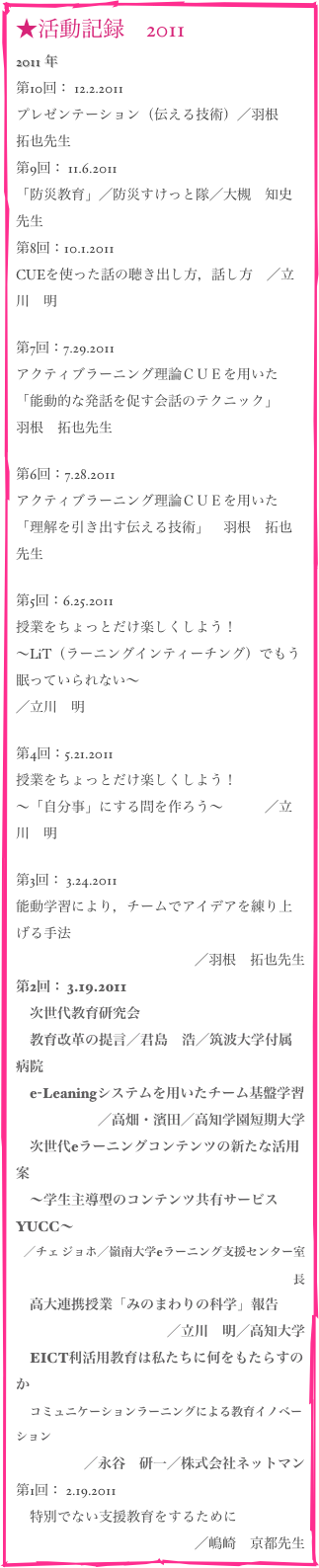 ★活動記録　2011　→more
2011 年
第10回： 12.2.2011プレゼンテーション（伝える技術）／羽根　拓也先生 
第9回： 11.6.2011「防災教育」／防災すけっと隊／大槻　知史先生 
第8回：10.1.2011CUEを使った話の聴き出し方，話し方　／立川　明

第7回：7.29.2011アクティブラーニング理論ＣＵＥを用いた「能動的な発話を促す会話のテクニック」　羽根　拓也先生 

第6回：7.28.2011
アクティブラーニング理論ＣＵＥを用いた「理解を引き出す伝える技術」　羽根　拓也先生
第5回：6.25.2011
授業をちょっとだけ楽しくしよう！〜LiT（ラーニングインティーチング）でもう眠っていられない〜　　　　　　　　　　　　／立川　明

第4回：5.21.2011
授業をちょっとだけ楽しくしよう！〜「自分事」にする問を作ろう〜　　　／立川　明

第3回： 3.24.2011
能動学習により，チームでアイデアを練り上げる手法／羽根　拓也先生
第2回： 3.19.2011
　次世代教育研究会
　教育改革の提言／君島　浩／筑波大学付属病院
　e-Leaningシステムを用いたチーム基盤学習
／高畑・濱田／高知学園短期大学
　次世代eラーニングコンテンツの新たな活用案
　〜学生主導型のコンテンツ共有サービス YUCC〜
／チェ ジョホ／嶺南大学eラーニング支援センター室長 
　高大連携授業「みのまわりの科学」報告
／立川　明／高知大学
　EICT利活用教育は私たちに何をもたらすのか
　コミュニケーションラーニングによる教育イノベーション
／永谷　研一／株式会社ネットマン
第1回： 2.19.2011
　特別でない支援教育をするために／嶋崎　京都先生